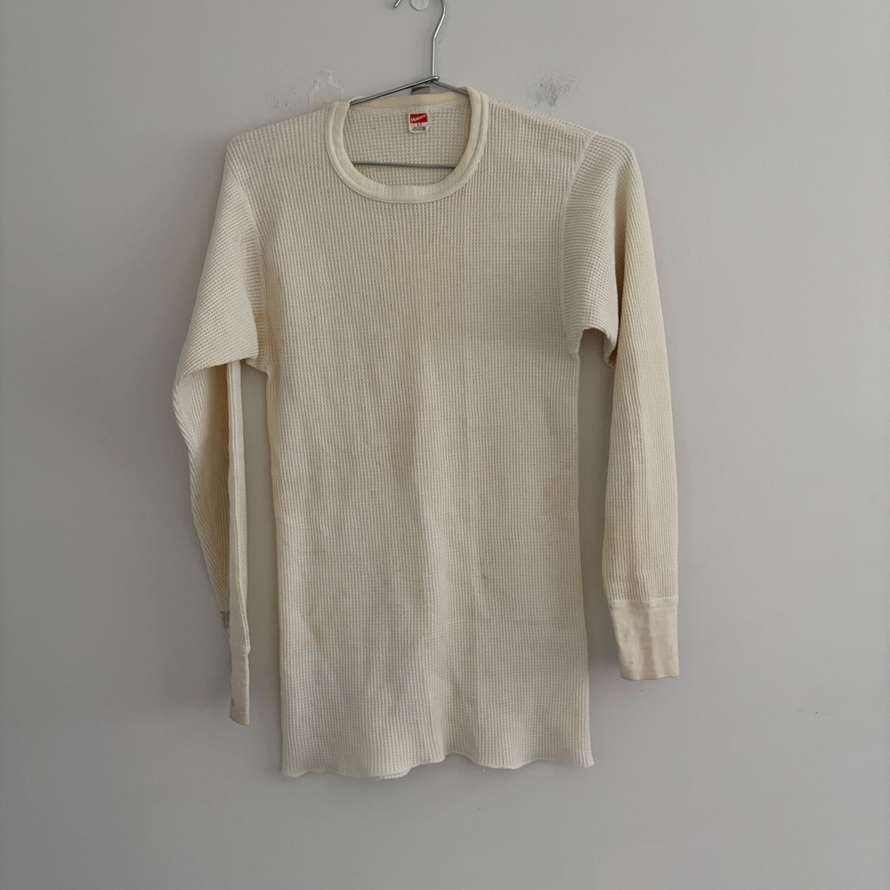 Vintage Hanes Mens Thermal Long Sleeve Shirt Cream Waffle Knit Large